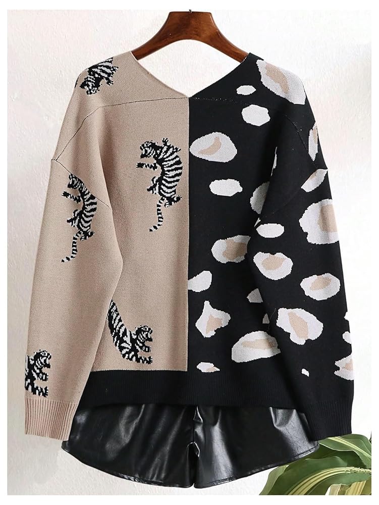 SHENHE Women's Color Block Button Down Animal Print Cardigan